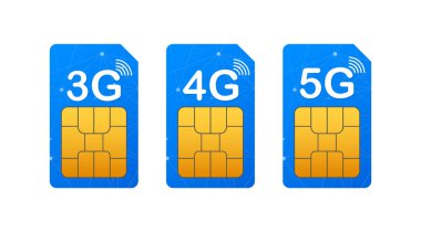 3G 4G 5G Sim Kart. Mobil telekomünikasyon teknolojisi sembolü. Vektör illüstrasyonu