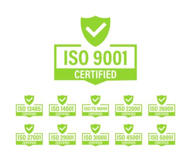 ISO sertifika damgası ve etiketleri. ISO onaylı rozet. Bilgi Güvenlik Yönetimi. Vektör illüstrasyonu