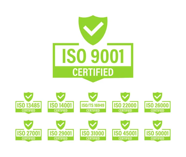 Conjunto Sellos Etiquetas Certificación Iso Insignia Certificada Iso Gestión Seguridad — Archivo Imágenes Vectoriales