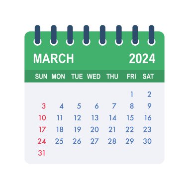 Mart 2024 Takvim Yaprağı. Takvim 2024 düz stil. Vektör illüstrasyonu