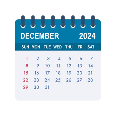 Aralık 2024 Takvim Yaprağı. Takvim 2024 düz stil. Vektör illüstrasyonu