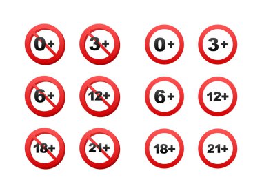0, 3, 6, 12, 18, 21 artı işaret limiti konsepti sansürlendi. Yaş kısıtlamaları sansür Vektörü illüstrasyonu