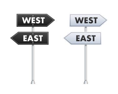 Directional Road Signs Pointing East and West, Vector Illustration of Guideposts in Black and White for Navigation and Travel.
