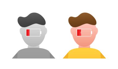 Düşük pil sembollü insan kafası profilleri, zihinsel yorgunluk veya enerji tüketimi için kavramsal tasarım.