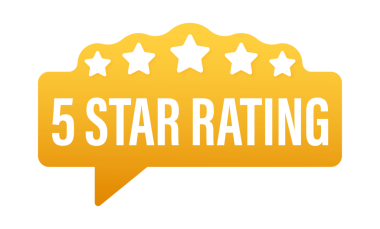 5 yıldız puanı. Beyaz arkaplanda simgeler olan bir rozet. resimleme