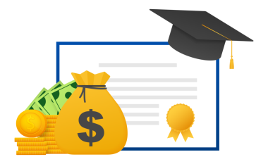 Eğitime yatırım. Burs. Kitaplar. Mezun olduktan sonra altın madeni para yığını. resimleme