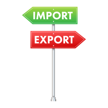 Limandaki vinç ithalat ve ihracat kelimeleriyle iki kırmızı kargo konteynırını kaldırdı. hisse illüstrasyonu