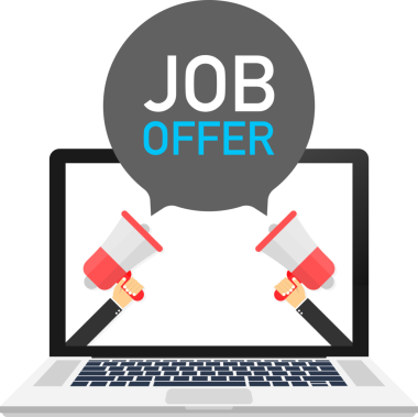 Dizüstü bilgisayar ekranı. El ele tutuşan megafon. İş, konuşma balonunda metin sunar. hisse illüstrasyonu.