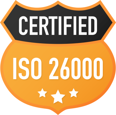 ISO 26000 sertifikalı rozet, ikon. Sertifika damgası. Düz dizayn. hisse illüstrasyonu.