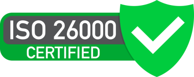 ISO 26000 sertifikalı rozet, ikon. Sertifika damgası. Düz dizayn. hisse illüstrasyonu.