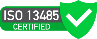 ISO 13485 sertifikalı rozet, ikon. Sertifika damgası. Düz dizayn. hisse illüstrasyonu.