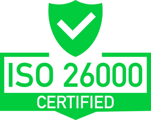 ISO 26000 sertifikalı rozet, ikon. Sertifika damgası. Düz dizayn. hisse illüstrasyonu.