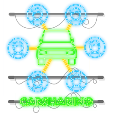 Araba paylaşım konsepti. Neon simgesi. Beyaz arkaplanda karbon paylaşım simgesi. Mobil uygulama tasarımı illüstrasyonu. Düz Çizim.