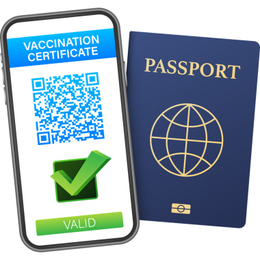 Akıllı telefondan dijital aşı sertifikası. QR kodlu telefon ekranı ve geçiş işareti aşılandı. Sağlık pasaportu. hisse illüstrasyonu