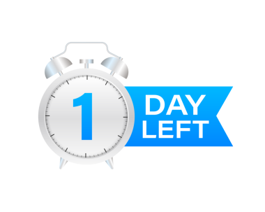 Beyaz arka planda allarm saatinin bitmesine 1 gün kaldı. resimleme.