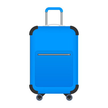 Beyaz arka planda tekerlekleri gerçekçi mavi seyahat plastik bavulu. hisse illüstrasyonu.