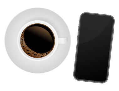 Beyaz arka planda koyu kahve fincanı olan akıllı bir telefon. hisse illüstrasyonu