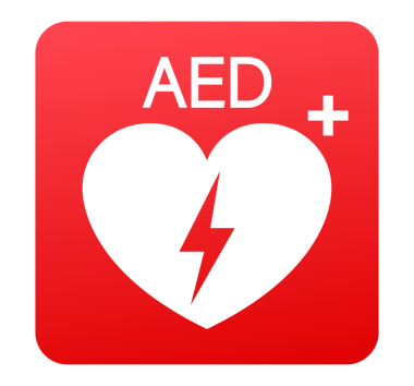 Acil ilk yardım defibrilatörü işareti. Beyaz kalp ikonu ve beyaz haç ikonu. hisse illüstrasyonu