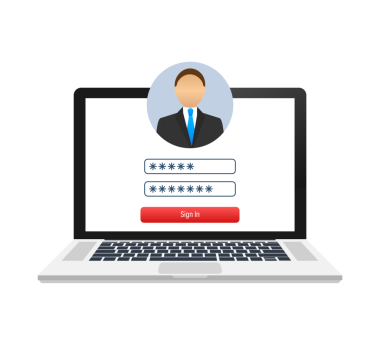 Laptop ekranında giriş sayfası. Not defteri ve çevrimiçi giriş formu, sayfa olarak imzalayın. Kullanıcı profili, hesap kavramlarına erişim. resimleme