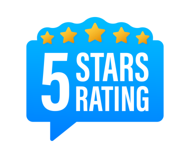 5 yıldız puanı. Beyaz arkaplanda simgeler olan bir rozet. resimleme