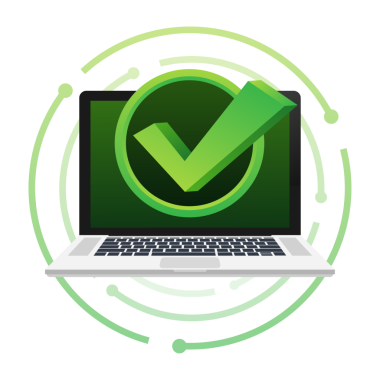 İşaretli dizüstü bilgisayar veya baloncukta tik bildirimi. Onaylanmış bir seçim. Kontrol işaretini kabul et ya da onayla. resimleme