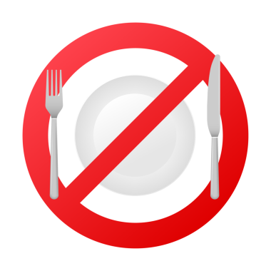 Yemek yok. Fotoğraf beyaz arka planda yeme yasağı simgesi gösteriyor. resimleme