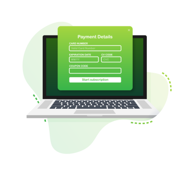 Çevrimiçi ödeme formu. Bilgisayarda dijital fatura var. Vektör illüstrasyonu.