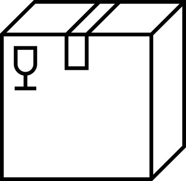 Kapalı bir karton kutunun basit çizimi, koli bandı ve kırılgan bir sembol, taşıma sırasında dikkatli tutumu temsil ediyor.