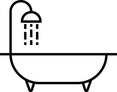 Banyo musluğu açık, banyo aksesuarları ve rahatlamayı temsil eden basit siyah beyaz bir küvet ikonu.