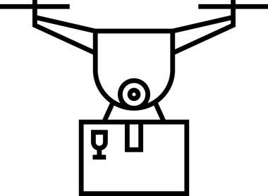 Gelişmiş dağıtım hizmeti ve lojistiği tasvir eden kırılgan bir paket taşıyan modern insansız hava aracı.