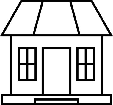 Kapalı çatısı, iki penceresi, bir kapısı ve mimari kavramlar için ideal küçük bir basamağı olan bir evin minimalist çizimi