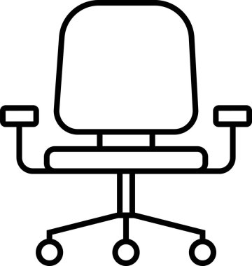 Kol ve tekerlekleri olan modern ofis sandalyesinin basit bir sanat simgesi, rahat iş yeri oturma yerini sembolize ediyor.