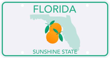 Florida plakası güneş ışığını portakallar ve eyalet haritasıyla temsil ediyor.
