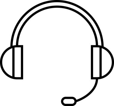 Mikrofonlu bir kulaklığın basit siyah beyaz çizgili sanat simgesi, müşteri hizmetlerini, çevrimiçi iletişimi veya ses teknolojisini temsil ediyor.