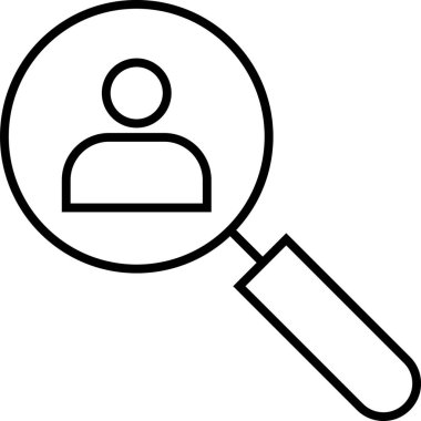 Kullanıcı simgesine odaklanan bir büyüteçin basit çizgi resim simgesi, işe alım, istemci araması ve çevrimiçi profil analizi gibi kavramları temsil eder