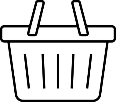 Boş bir alışveriş sepetinin basit siyah beyaz çizgili sanat simgesi, çevrimiçi perakende ve ticari alımları sembolize ediyor