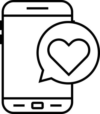 Konuşma balonunun içinde kalp sembolü olan akıllı bir telefonun basit çizimi, çevrimiçi sevgi ve şefkat iletişimini temsil ediyor.