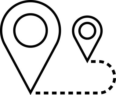 Noktalı bir çizgi ile birbirine bağlanmış iki harita iğne simgesinin minimalist grafiği, bir rota veya yolculuğu temsil eder