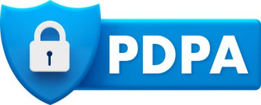 Pdpa yazıtları mavi kalkanın arkasında, veri korumasını temsil eden kapalı asma kilit ile