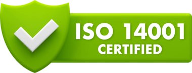 Iso 14001 yeşil kalkanlı sertifika pankartı ve kontrol işareti, çevre yönetimi standartlarına uymayı temsil ediyor