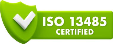 Iso 13485 onaylı yeşil kalkanlı ve işaretli sembol, tıbbi cihazların kalite yönetimini temsil ediyor.