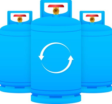Bir geri dönüşüm sembolü içeren üç yeniden kullanılabilir gaz silindiri, gaz depolama ve kullanımında sürdürülebilir uygulamaları vurguluyor