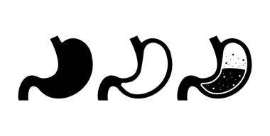 Three black and white icons representing human stomach with different levels of fullness, useful for explaining digestion process clipart