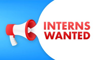 Red and white megaphone making an announcement with the words interns wanted on a blue background clipart