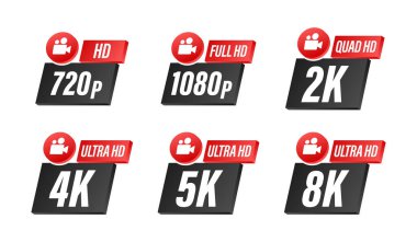 Set of video quality labels from HD to eight thousand pixels showing different levels of definition clipart