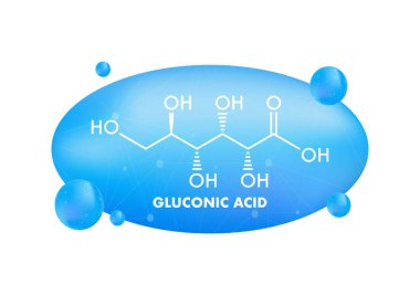 Glukonik asit molekülünün yapısal kimyasal formülü mavi soyut arkaplan üzerinde bağlantı çizgileri ve noktaları ile