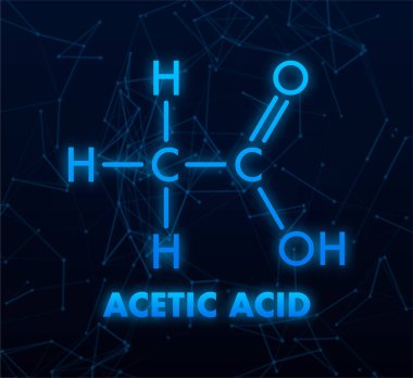 Asetik asit kimyasal formülü koyu mavi pleksus arka planında parlayarak kimya, bilim ve moleküler yapıları temsil eder.