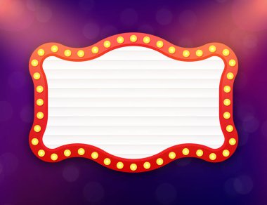 Mor arka planda ampulleri olan beyaz renkli reklam panosu reklamınızı bekliyor.