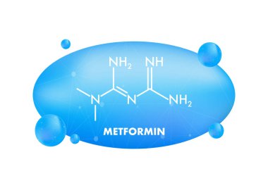 Bilimsel veya tıbbi bir konsepti temsil eden mavi gradyan geçmişe sahip metformin moleküler yapısı
