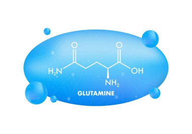 Glutamin kimyasal formül yapısal molekül mavi gradyan arkaplan ve atomları temsil eden küreler